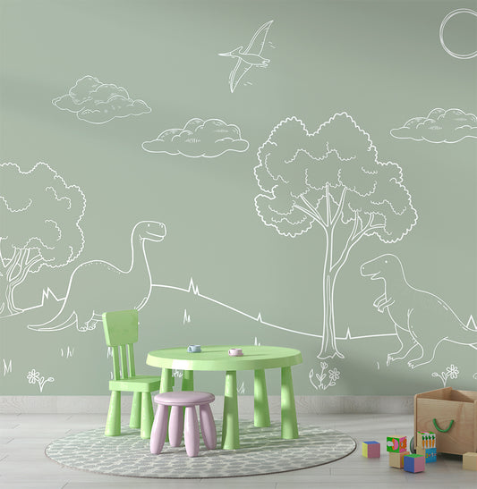 Papel de Parede Infantil Dino em Linhas Verde – Mural
