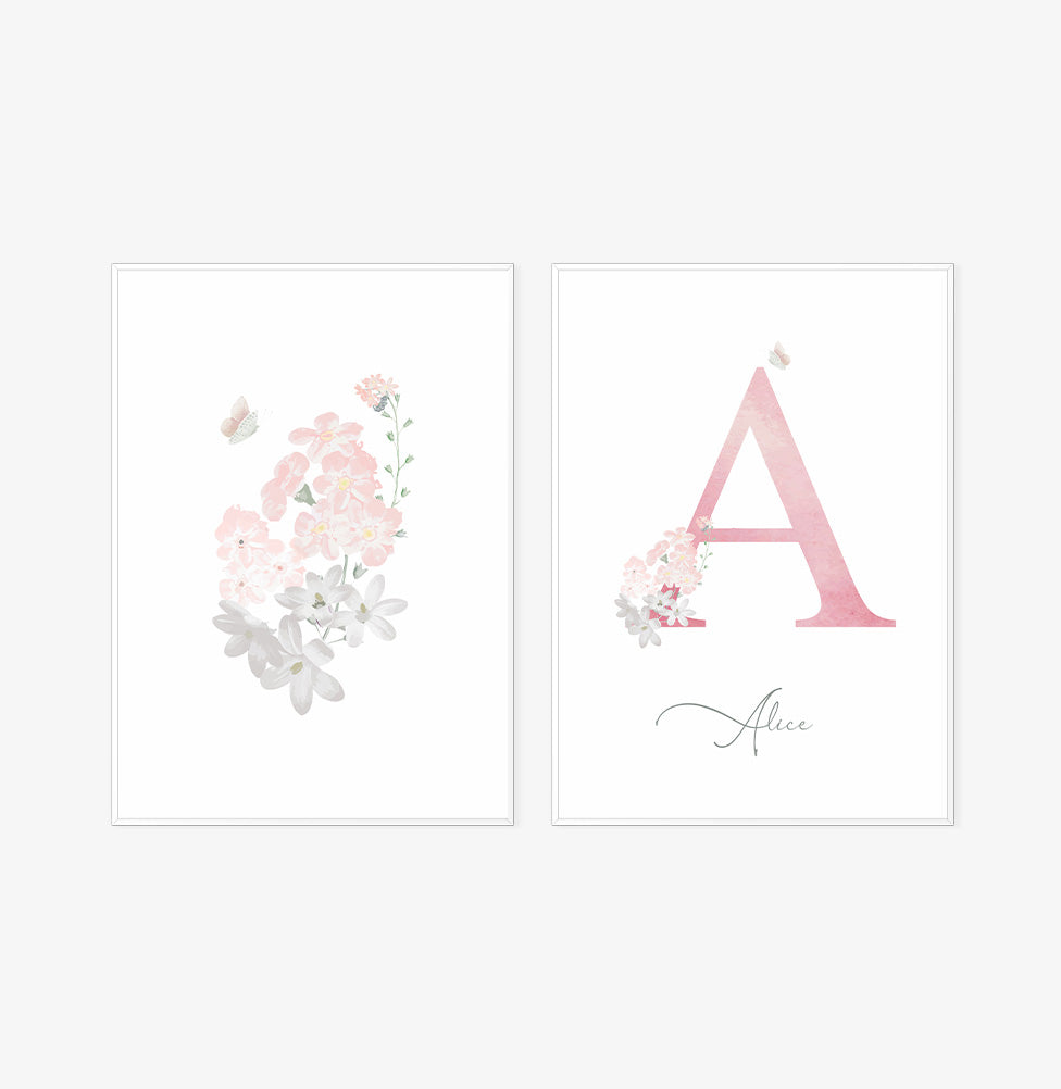 Conjunto com 2 Quadros Floral Liv com Inicial Personalizado Moldura Filete Branca - Vertical