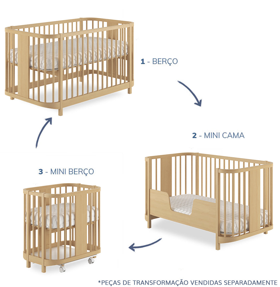Berço Raika 3 em 1 - Carvalho