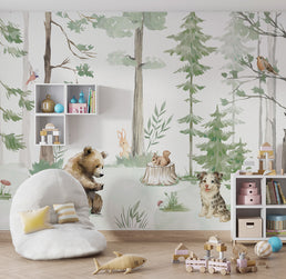 Papel de Parede Infantil Animais na Floresta Verde – Mural