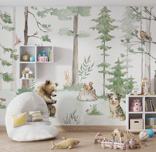 Papel de Parede Infantil Animais na Floresta Verde – Mural