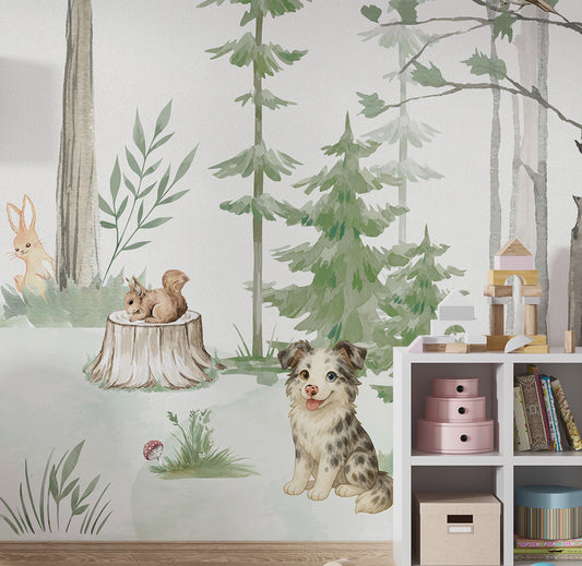 Papel de Parede Infantil Animais na Floresta Verde – Mural