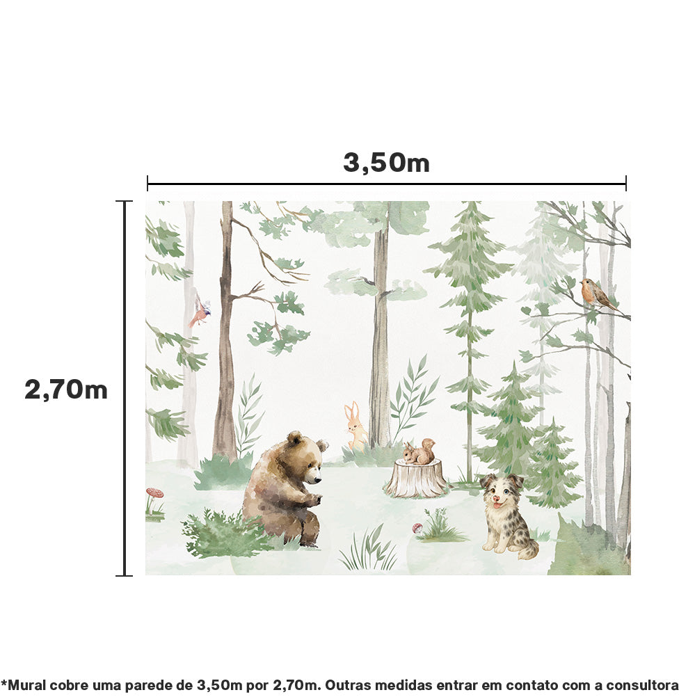 Papel de Parede Infantil Animais na Floresta Verde – Mural