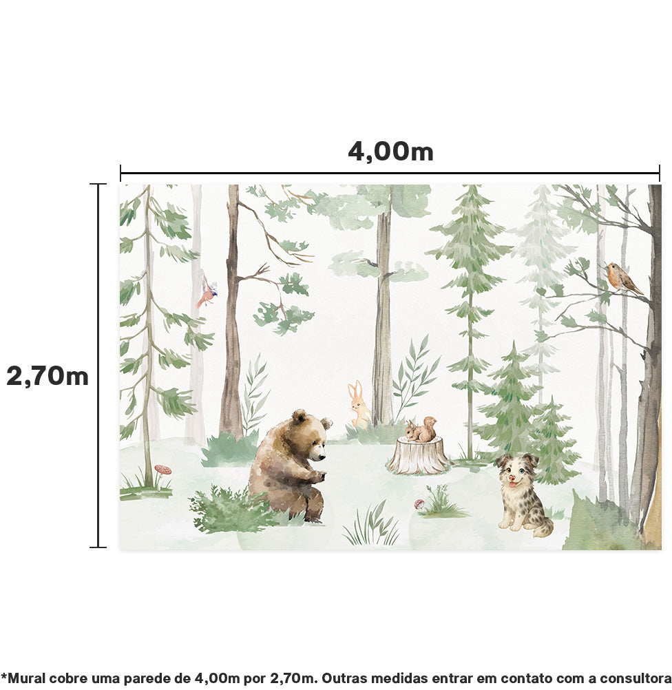 Papel de Parede Infantil Animais na Floresta Verde – Mural