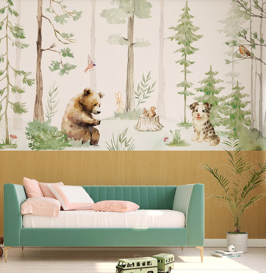 Papel de Parede Infantil Animais na Floresta Verde e Madeira Carvalho – Mural