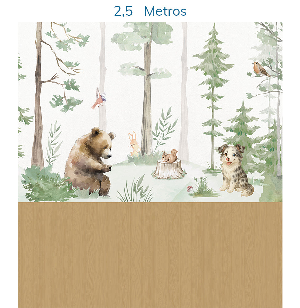 Papel de Parede Infantil Animais na Floresta Verde e Madeira Carvalho – Mural