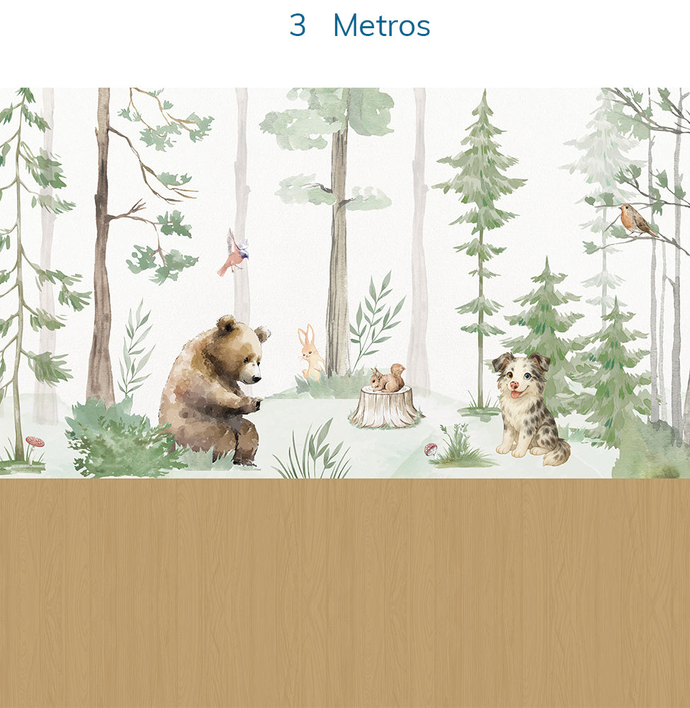 Papel de Parede Infantil Animais na Floresta Verde e Madeira Carvalho – Mural