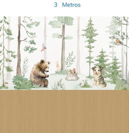 Papel de Parede Infantil Animais na Floresta Verde e Madeira Carvalho – Mural