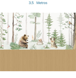 Papel de Parede Infantil Animais na Floresta Verde e Madeira Carvalho – Mural