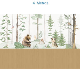 Papel de Parede Infantil Animais na Floresta Verde e Madeira Carvalho – Mural