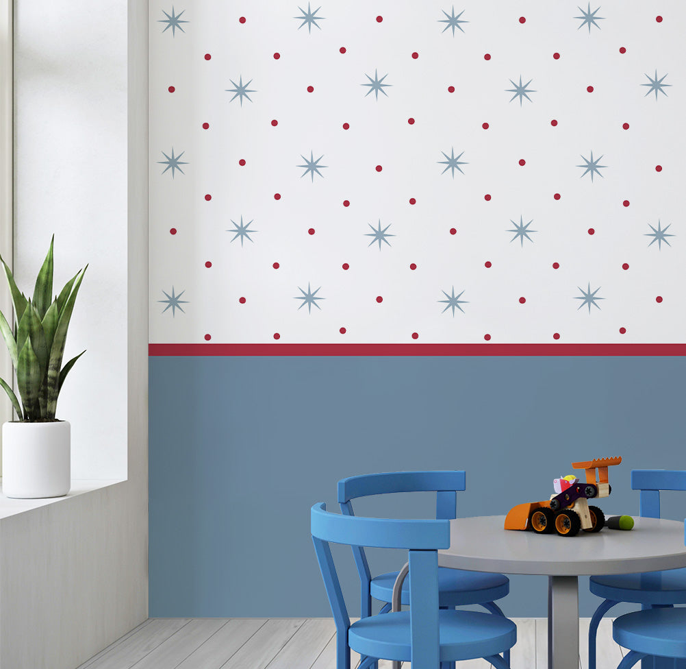 Papel de Parede Infantil Estrelas com Póa e Lambri Liso Azul e Vermelho - Mural