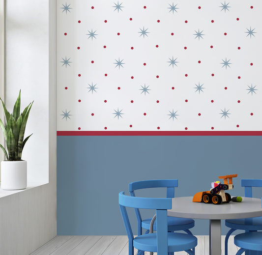 Papel de Parede Infantil Estrelas com Póa e Lambri Liso Azul e Vermelho - Mural