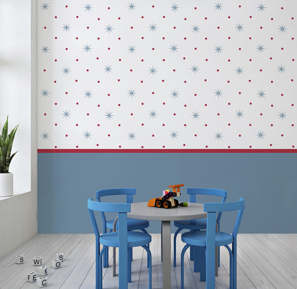Papel de Parede Infantil Estrelas com Póa e Lambri Liso Azul e Vermelho - Mural