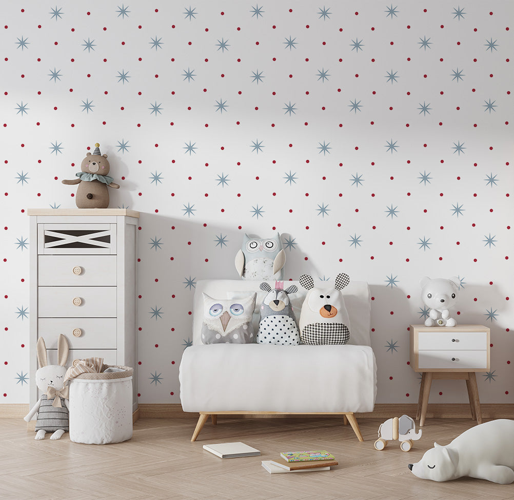 Papel de Parede Infantil Estrelas com Poá Azul e Vermelho