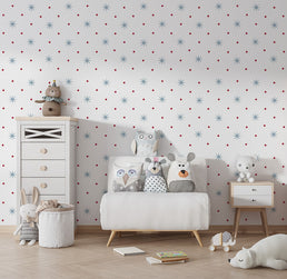 Papel de Parede Infantil Estrelas com Poá Azul e Vermelho