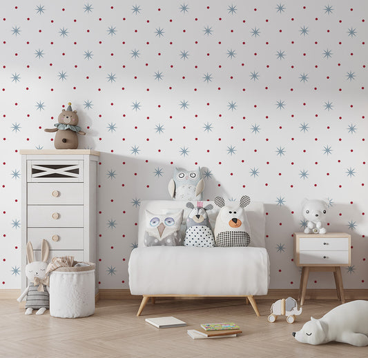 Papel de Parede Infantil Estrelas com Poá Azul e Vermelho