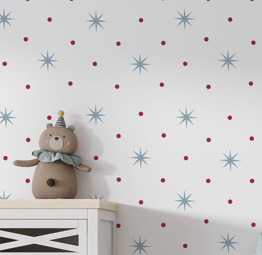 Papel de Parede Infantil Estrelas com Poá Azul e Vermelho