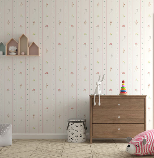 Papel de Parede Infantil Listras e Poá com Floral Candy – Cor Única