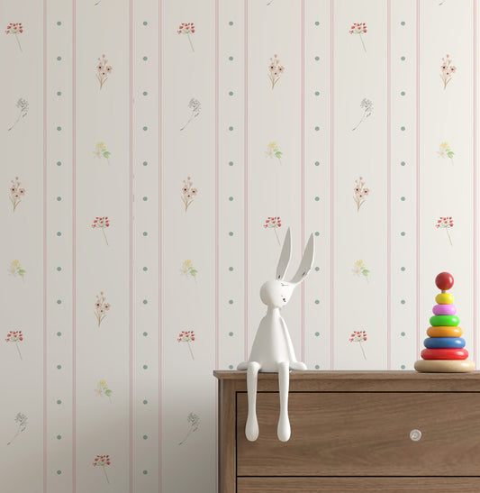 Papel de Parede Infantil Listras e Poá com Floral Candy – Cor Única