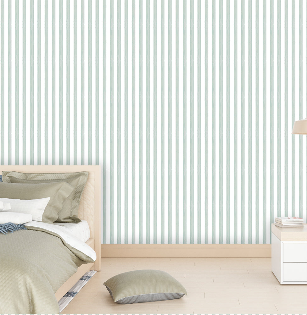 Papel de Parede Infantil Listra Média Aquarela Verde Malva