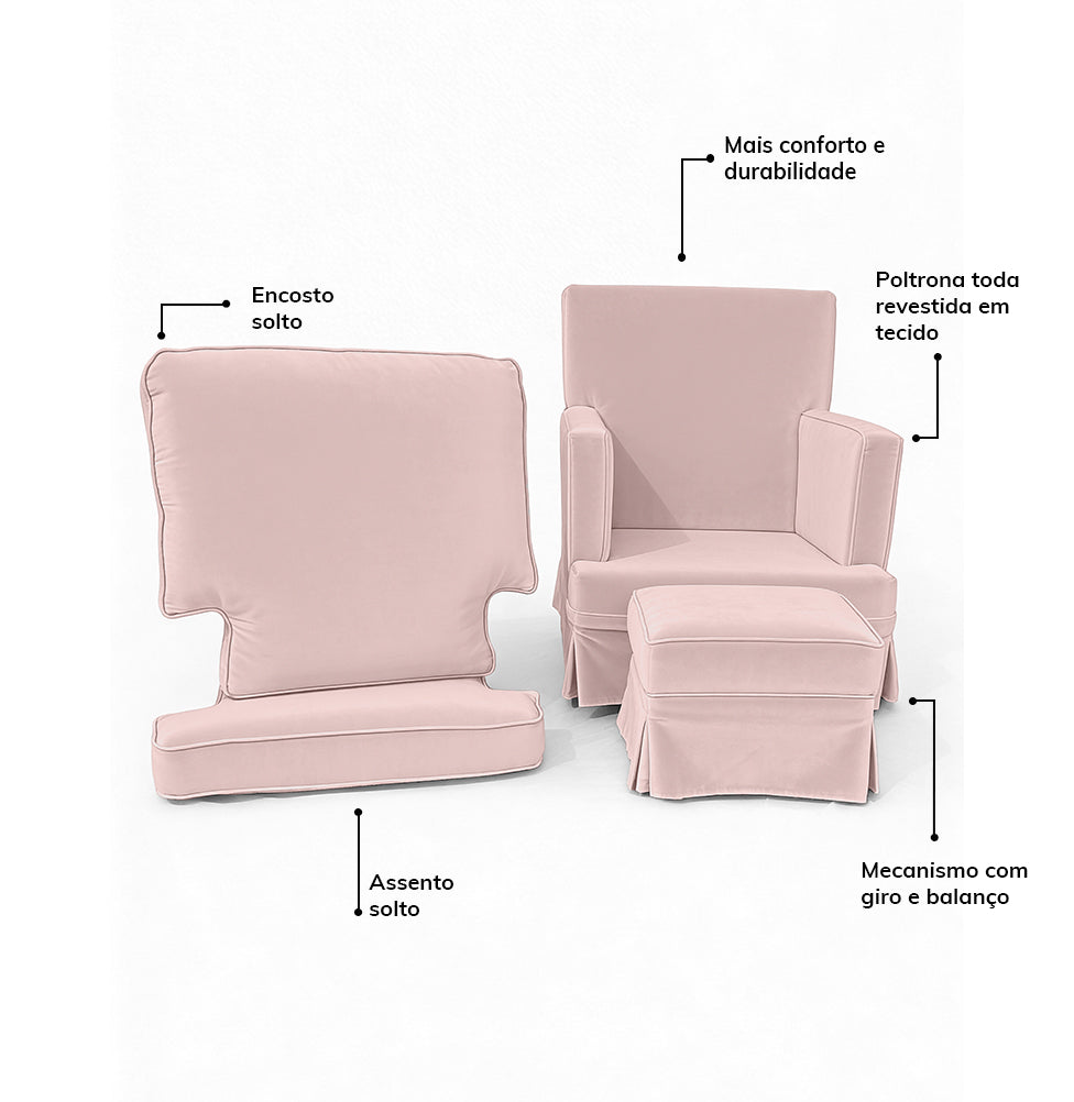 Poltrona de Amamentação Essence Lisa com Balanço e Puff - Rosa