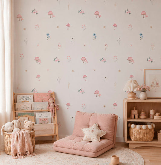 Papel de Parede Infantil Cogumelos e Flores