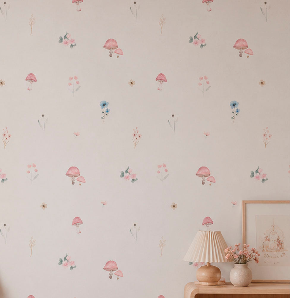 Papel de Parede Infantil Cogumelos e Flores