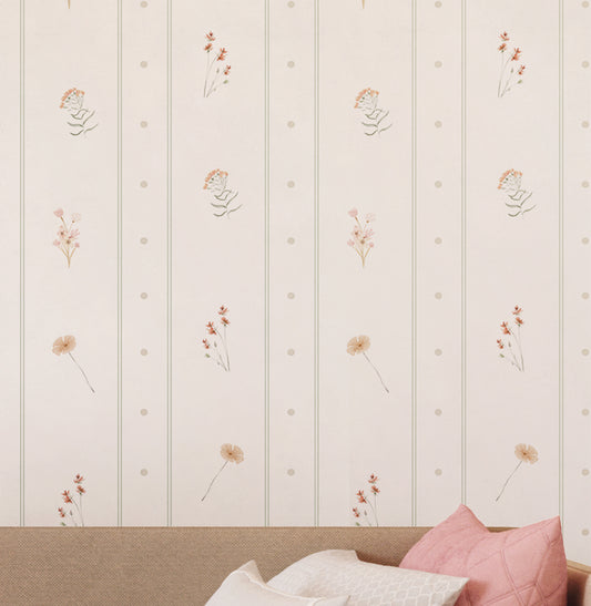 Papel de Parede Infantil Listras e Poá com Floral Candy – Verde