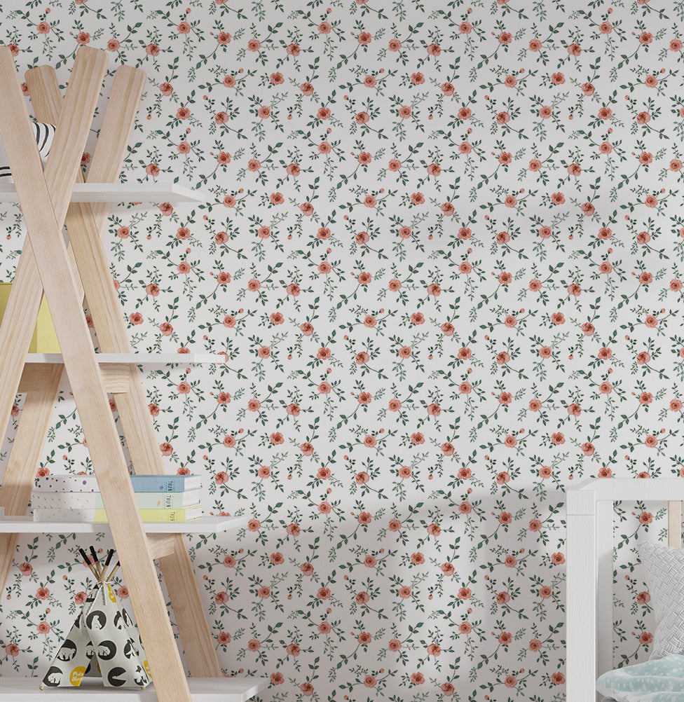 Papel de Parede Infantil Floral Tereza Rosê - Branco