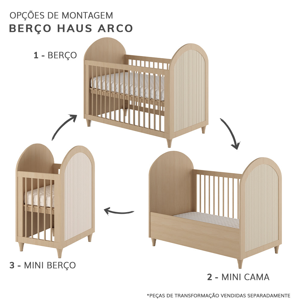 Berço Haus Arco c/ Palha 3 em 1 - Carvalho