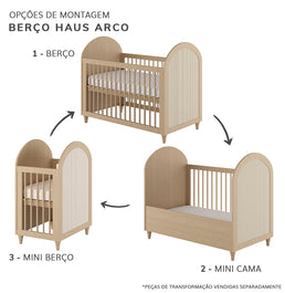 Berço Haus Arco c/ Palha 3 em 1 - Carvalho