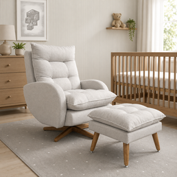 POLTRONA SERENA COM PUFF BALANÇO E GIRO BOUCLE CINZA