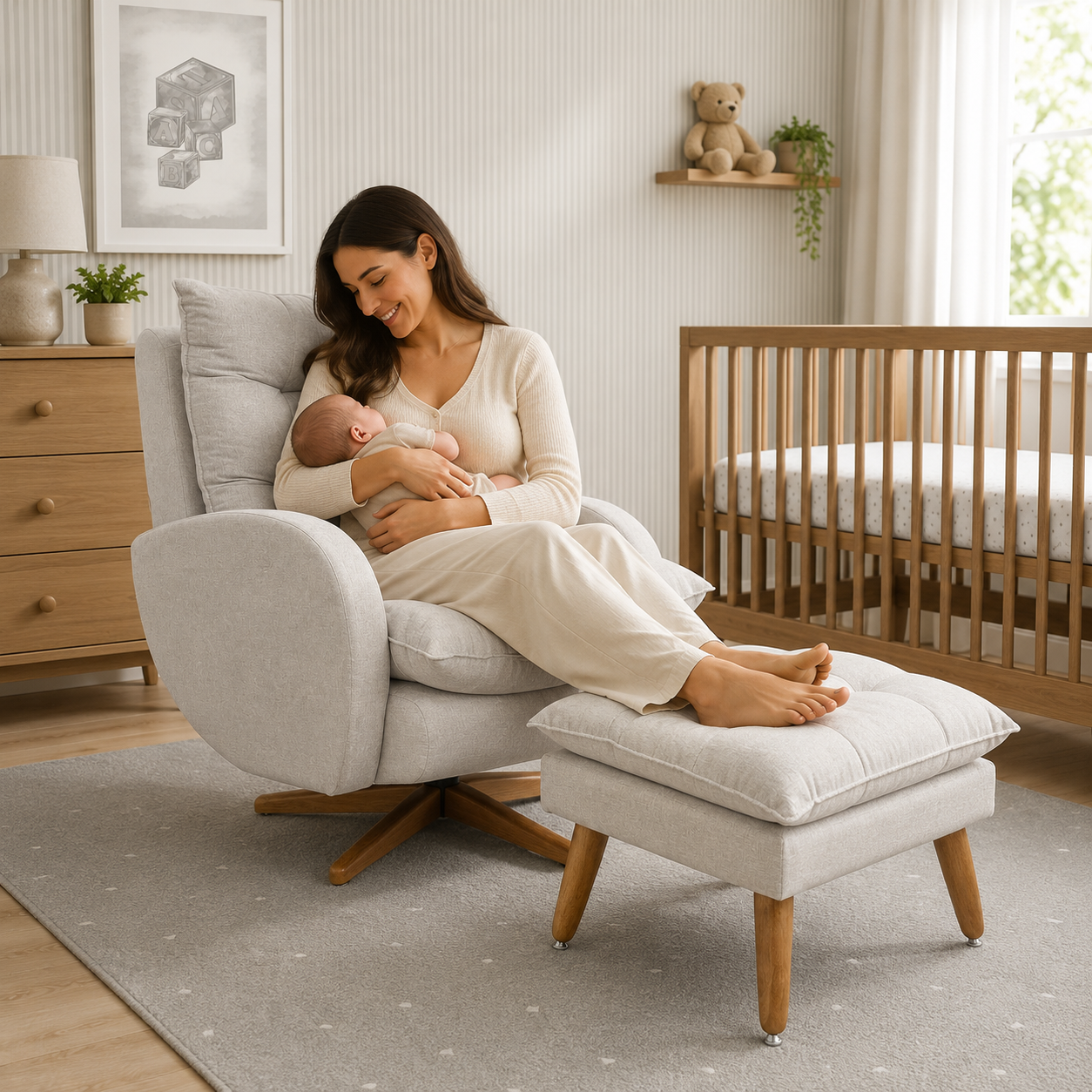 POLTRONA SERENA COM PUFF BALANÇO E GIRO BOUCLE CINZA