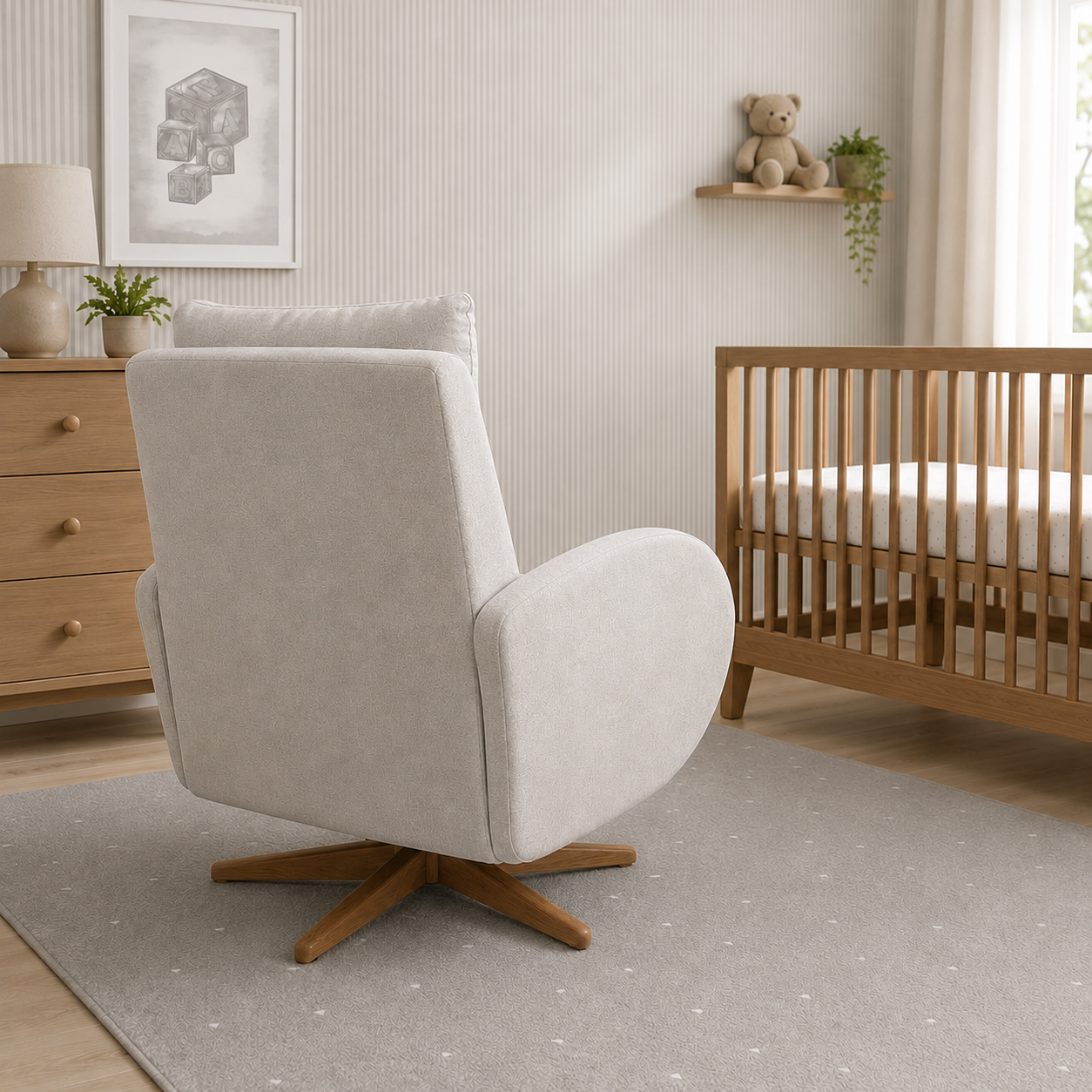 POLTRONA SERENA COM PUFF BALANÇO E GIRO BOUCLE CINZA