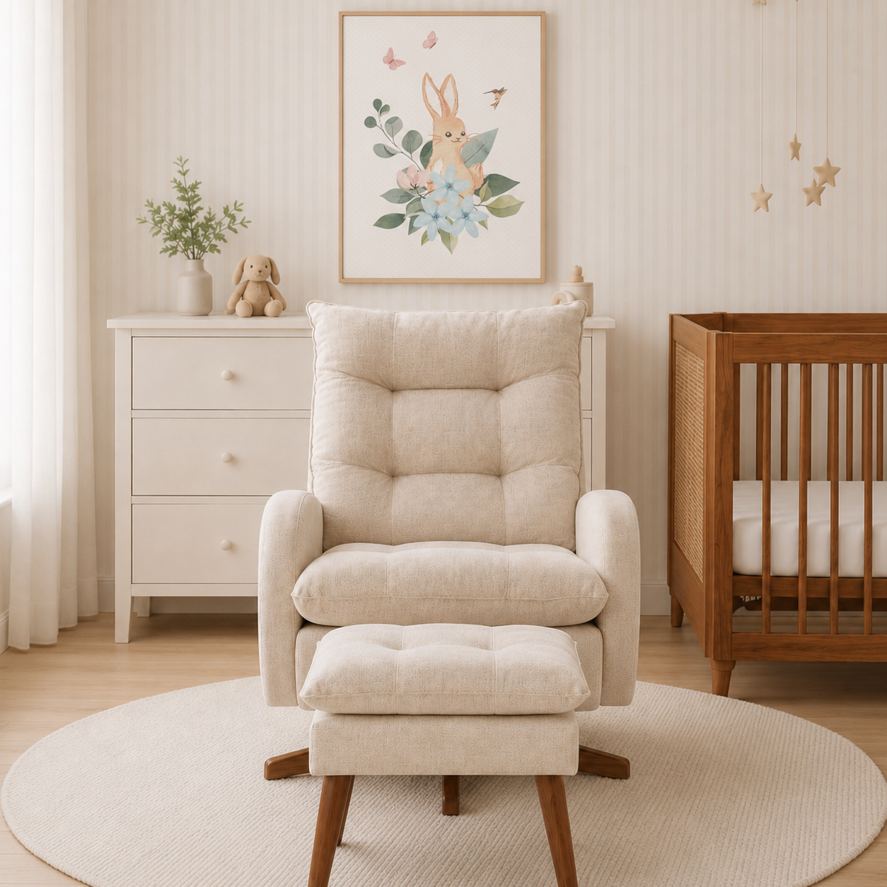 POLTRONA SERENA COM PUFF BALANÇO E GIRO LINHO PALHA