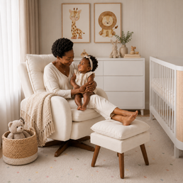 POLTRONA SERENA COM PUFF BALANÇO E GIRO LINHO CREME
