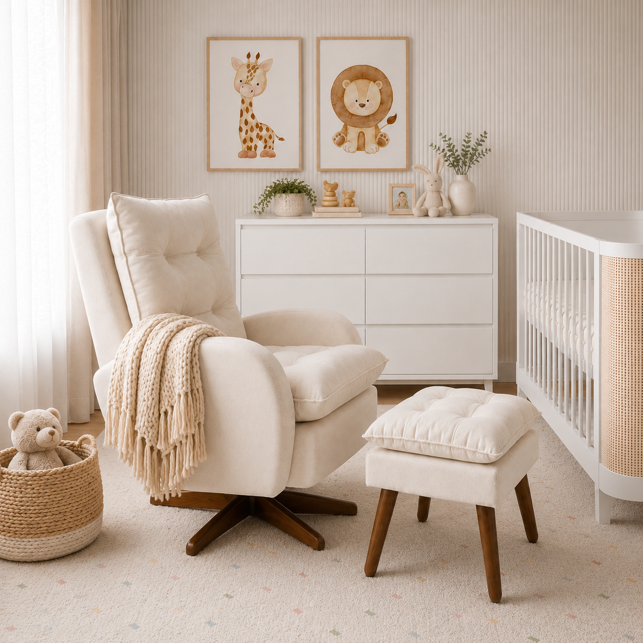 POLTRONA SERENA COM PUFF BALANÇO E GIRO LINHO CREME