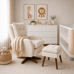 POLTRONA SERENA COM PUFF BALANÇO E GIRO LINHO CREME