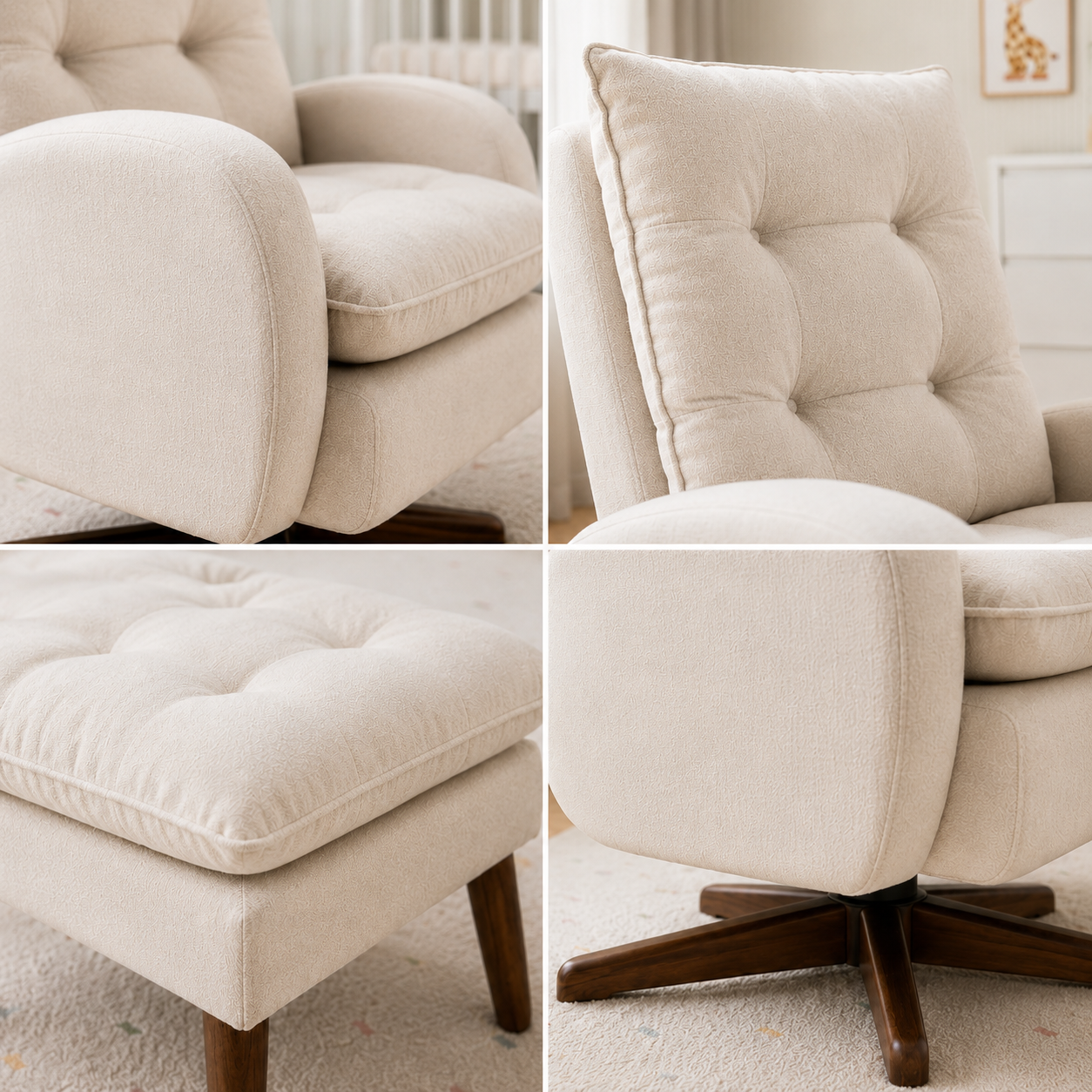 POLTRONA SERENA COM PUFF BALANÇO E GIRO LINHO CREME