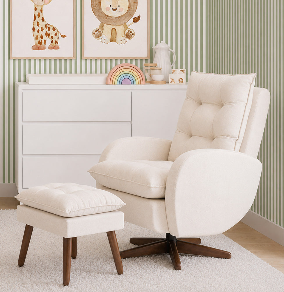 POLTRONA SERENA COM PUFF BALANÇO E GIRO LINHO CREME