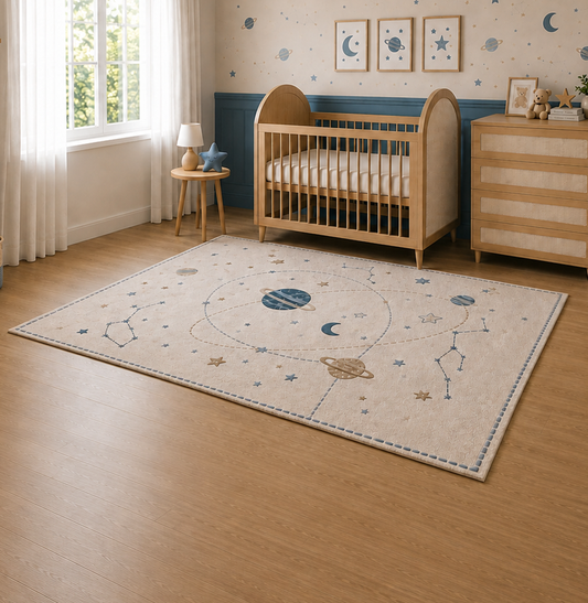 TAPETE INFANTIL RETANGULAR ESPAÇO COM CONSTELAÇÕES AZUL