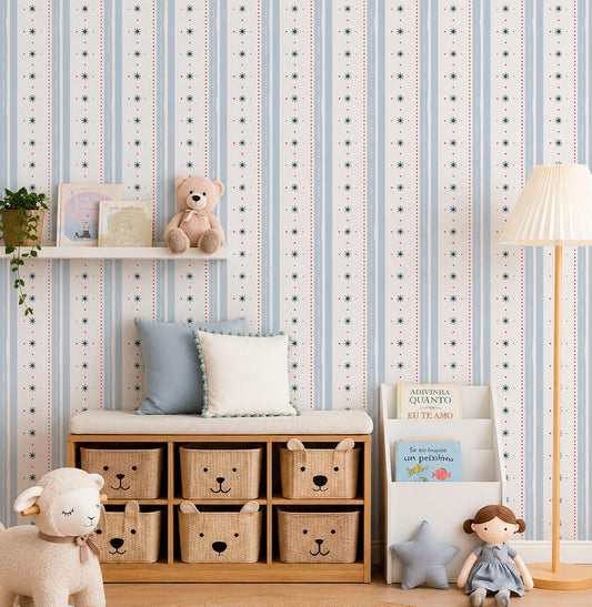 PAPEL DE PAREDE INFANTIL LISTRA E ESTRELA AZUL