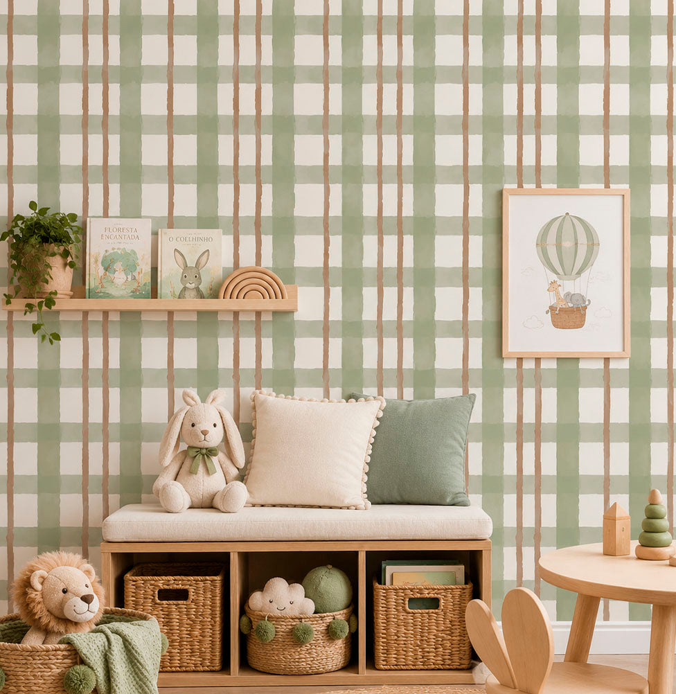 PAPEL DE PAREDE INFANTIL XADREZ RETRO VERDE