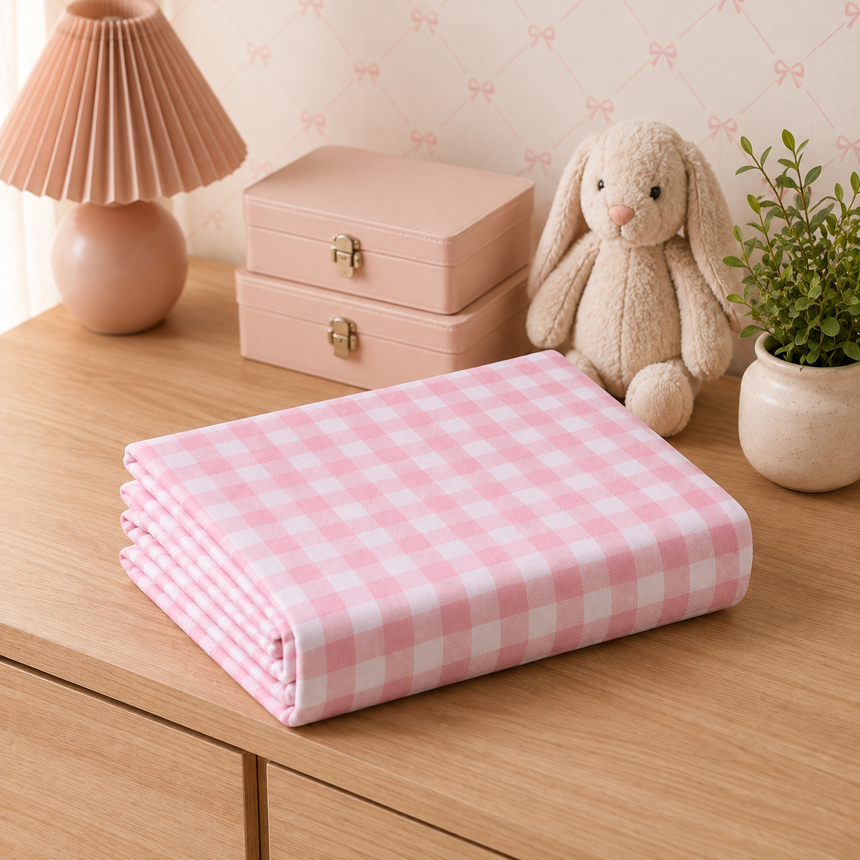 LENÇOL DE BERÇO XADREZ VINTAGE COM ELÁSTICO ROSA CHÁ