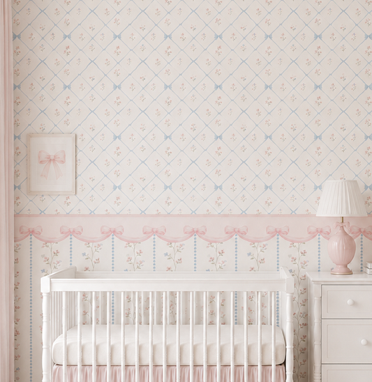 PAPEL DE PAREDE INFANTIL FLORES E LAÇOS COM RODAMEIO - MURAL