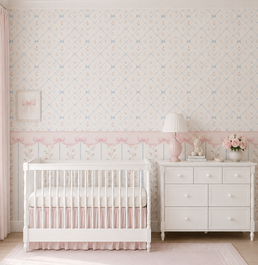 PAPEL DE PAREDE INFANTIL FLORES E LAÇOS COM RODAMEIO - MURAL