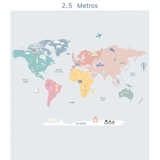 Papel de Parede Infantil Mapa Mundi Colors - Mural