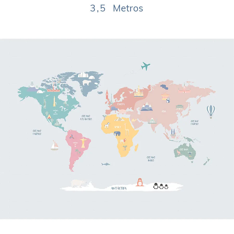 Papel de Parede Infantil Mapa Mundi Colors - Mural