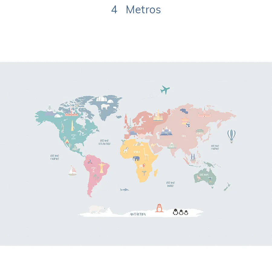 Papel de Parede Infantil Mapa Mundi Colors - Mural