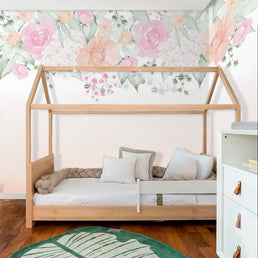 Papel de Parede Infantil Jardim com Rosas Aquarela Coral - Mural